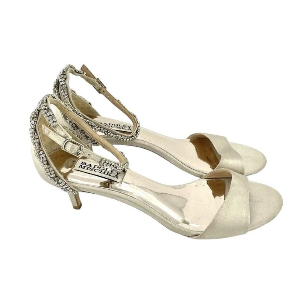 Badgley Mischka Yareli Beige Satin Kitten Heel Rhinestone Sandals SZ 7.5 - Picture 7 of 12